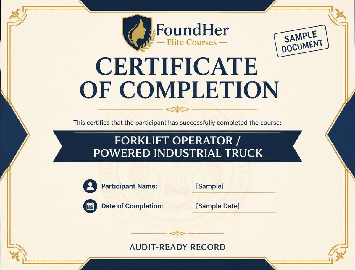 Sample Certificate of Completion for Forklift Operator training with placeholder name and date