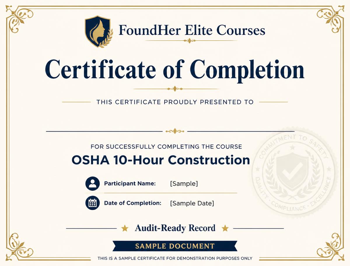 Sample Certificate of Completion for OSHA 10-Hour Construction with placeholder name and date